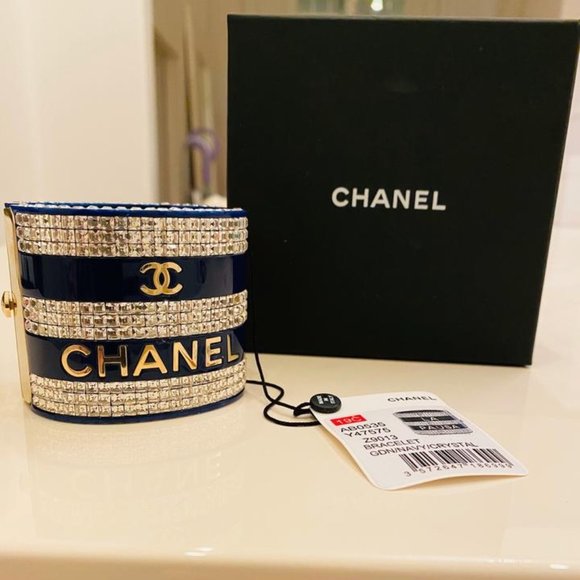 Chanel Navy Blue Crystal Studded Bracelet Cuff - Picture 9 of 12